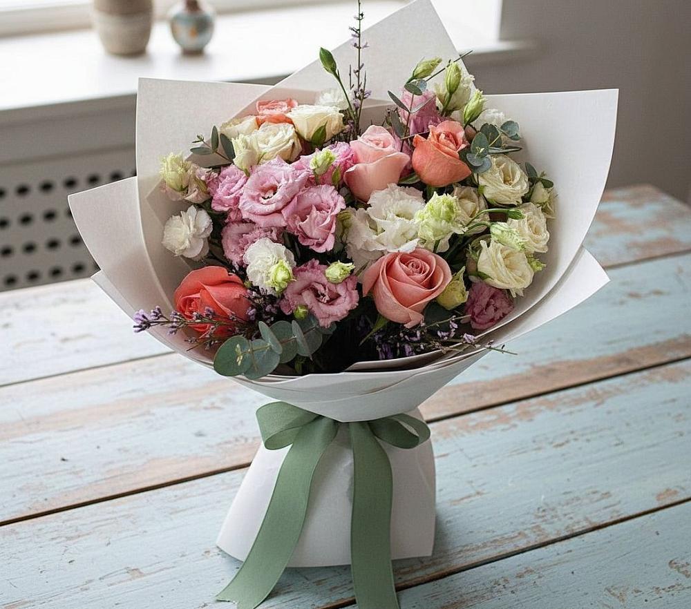 Букет цветов из: Розы, Лизиантусы и Гвоздики в Алуште